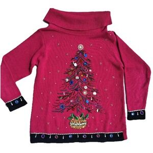 Y2K VICTORIA JONES  Medium Pink Christmas Tree Oversized LONG Sweater Sz M. (B6)